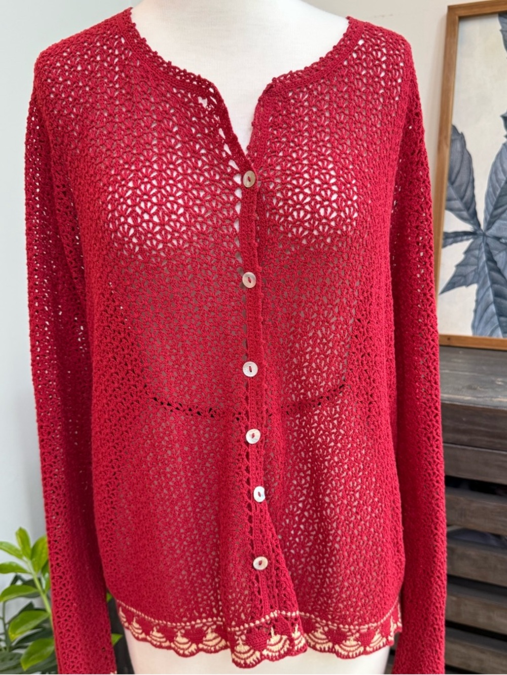 Vintage Crochet Knit Cardigan Womens XL Red Button Front Boho Scalloped